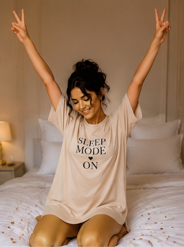 Women’s Beige “Sleep Mode On” Printed Oversized Sleep T-Shirt